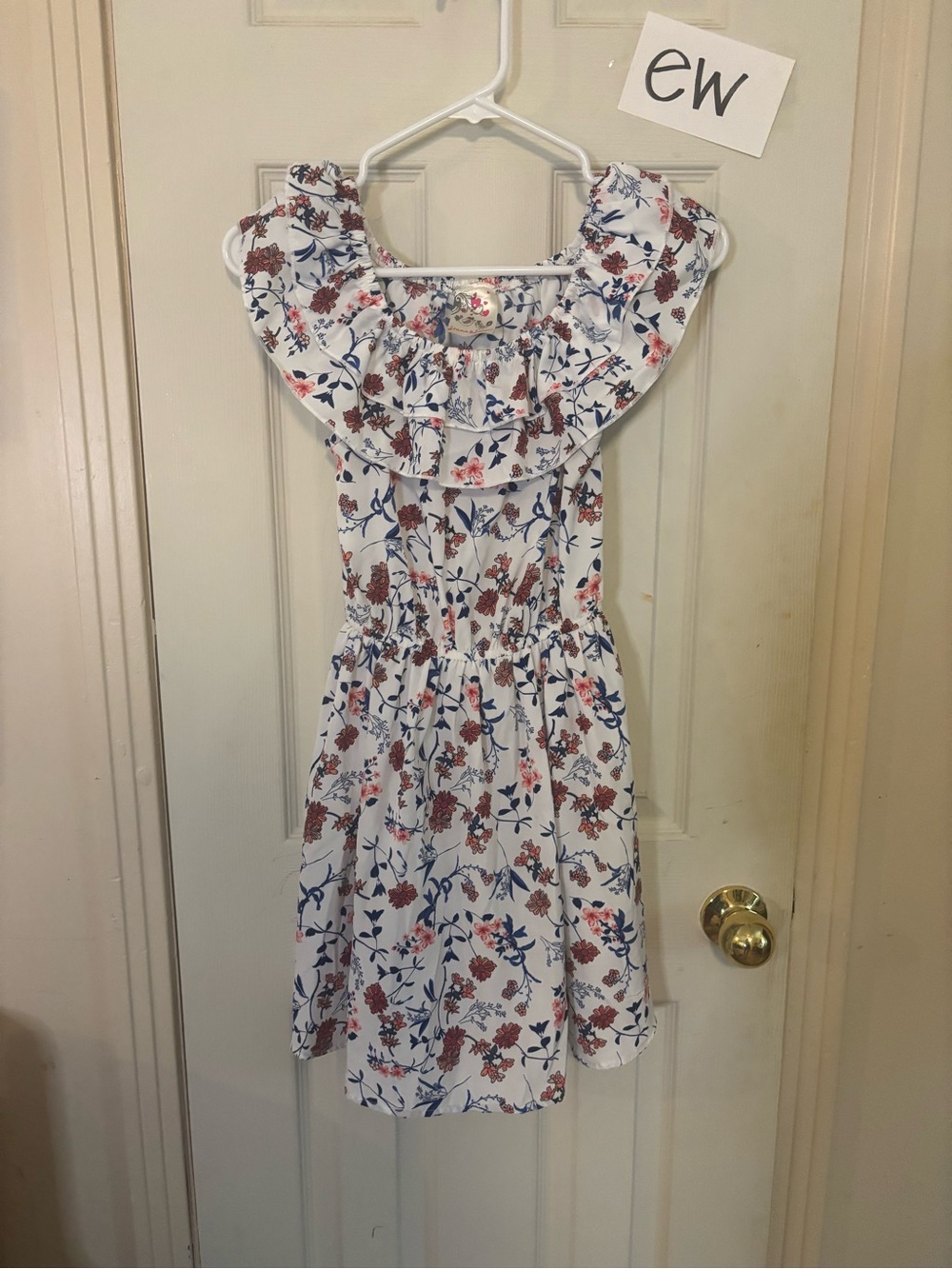 Girls White Floral Ruffle Neck Casual Dress